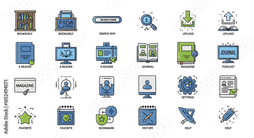 Vector Icons Set of Vibrant ELearning and Digital Library Icon Collection for Modern UI Design. Vector Illustrations. EPS Editable