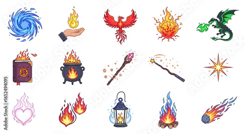 Vector Icons Set of Vibrant Fantasy and Magic Icon Set Featuring Fire Water and Mythical Creatures. Vector Illustrations. EPS Editable