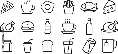 Simple Line Art Icons of Various Food and Drink Items