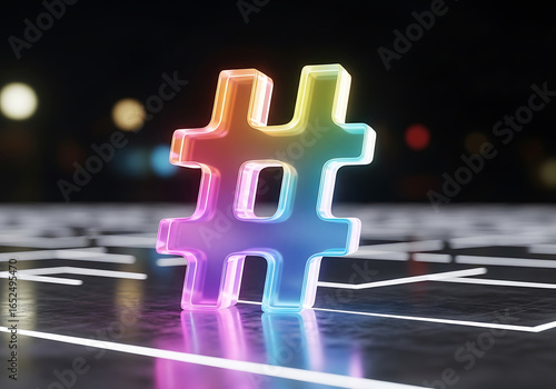 A colorful hashtag symbol glowing in a digital space, representing social media trends and online communication