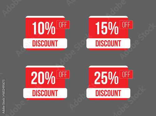 Percentage discount price tags from 10 to 25% in red color shape