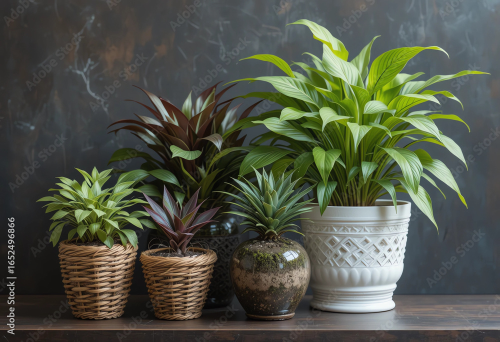 Fototapeta premium Mixed indoor plants in different size baskets, 3:2