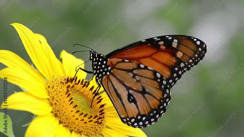 Close up of a monarch butterfly perched on a bright yellow sunflower in a natural setting outdoors