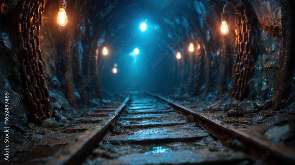 Naklejka premium A moody view of a dimly lit underground mine, showcasing rusty railway tracks and a sense of depth and mystery, highlighting the industrial history.