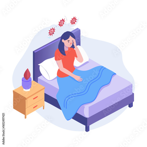Mental disorder, loneliness, depression concept. Sad unhappy Woman staying in bed in her bedroom waking up with headache, fatigue, migraine or suffering from insomnia vector ... See More