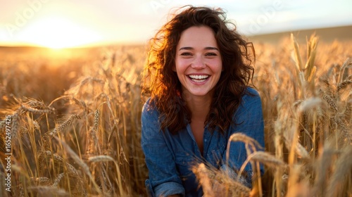 A joyful woman sitting in a golden wheat field at sunset, radiating happiness and warmth, perfectly capturing the essence of joy and connection with nature.