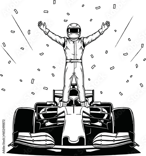 A Formula One racing driver celebrates a victory on the podium.