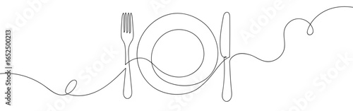 Continuous line of food plate, fork and knife. Vector art line on transparent background. Editable stroke.