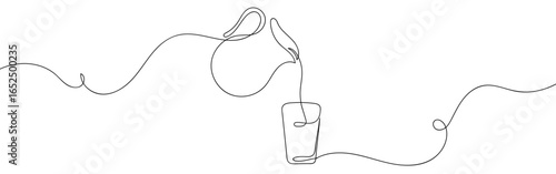 Continuous line of a pitcher pouring water into a glass. Vector art line on transparent background. Editable stroke.