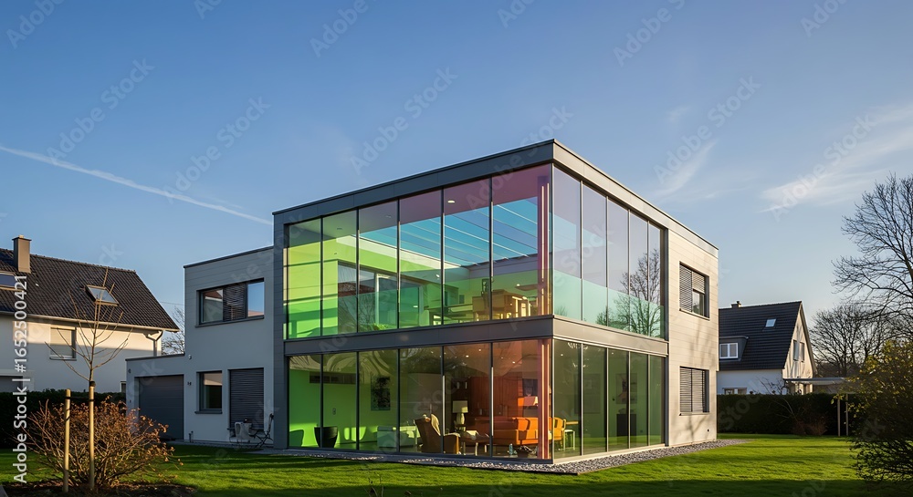 Fototapeta premium Vibrant glass facade home with glass walls for natural light in Germany Contemporary Architectural Design