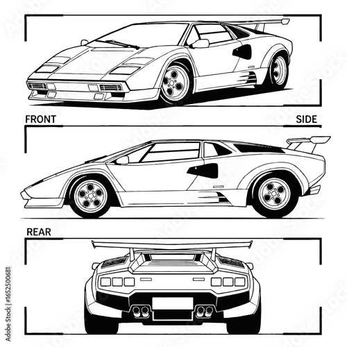 Black and white technical illustration of a classic sports car, showing front, side, and rear views.