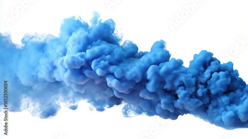 Blue smoke cloud, isolated white background piece. Thick colored smoke bomb screen effect.