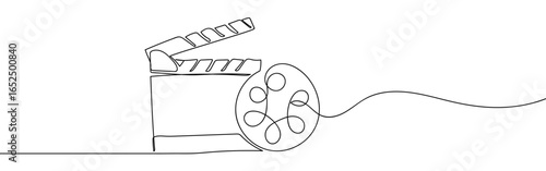 Continuous line of film reel and Slate film clapper board vector art lines on transparent background. Editable stroke.