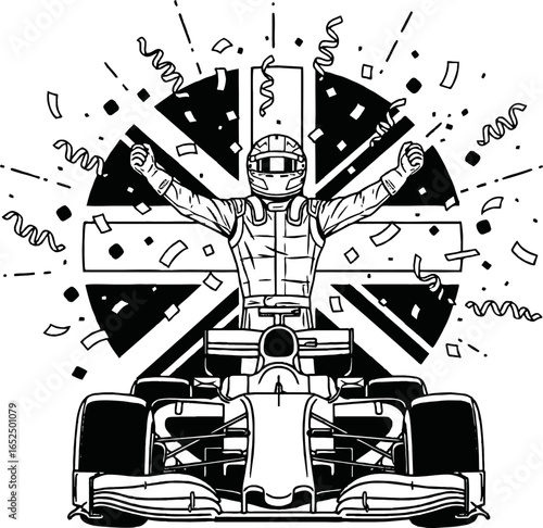 Formula 1 racing driver celebrating victory with the Union Jack flag and confetti.