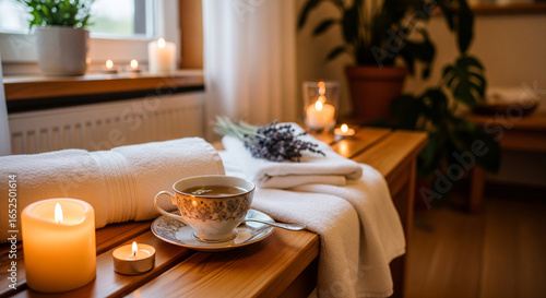 Spa and Relaxation: Massage Table with Candles, Towels, and Herbal Tea in a Tranquil Atmosphere.