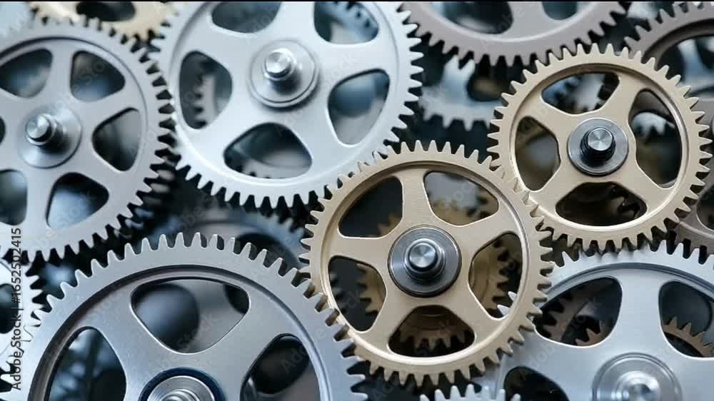 A series of shifting, interlocking gears and cogs form a complex ...