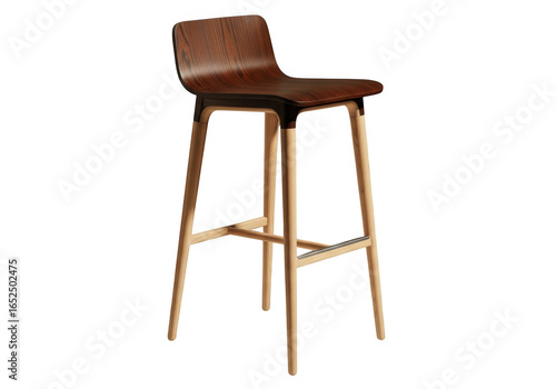 Modern wooden bar stool with natural wood legs isolated on transparent background