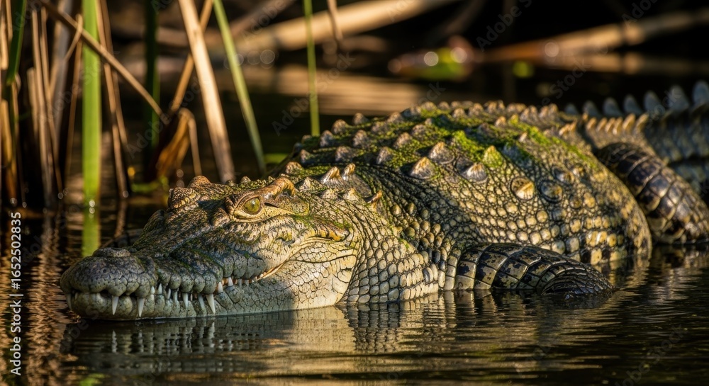 Obraz premium Menacing crocodile basks in the sunlight, a portrait of reptilian might