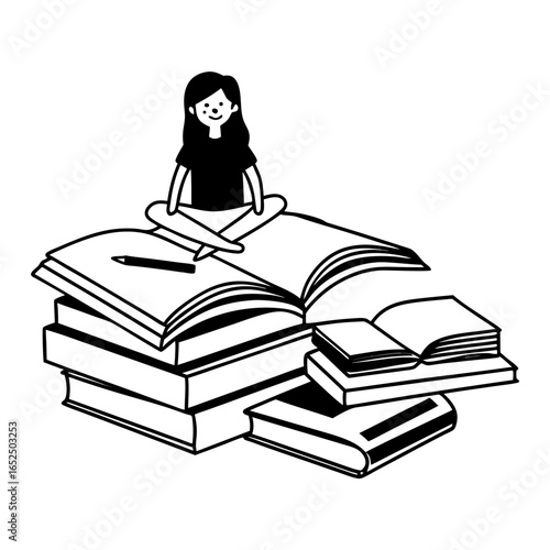 A girl with crossed legs sits atop a stack of open and closed books with a pen visible on the top book "png"