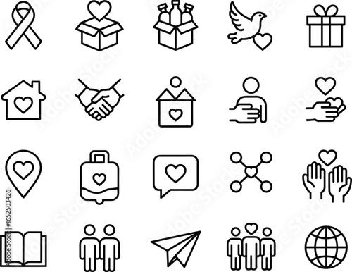 Charity donation icons collection, volunteer help, giving hands, heart love, humanitarian support, non profit aid, community care, flat vector illustration