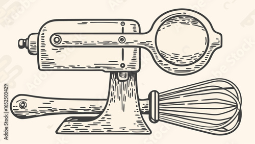 Illustration of a vintage hand crank egg beater with a wooden handle and a metal whisk attachment