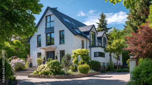 Luxury Single-Family Home in Franconian Architectural Style Surrounded by Trees and Blue Sky – Real Estate Photo from Elevated Angle