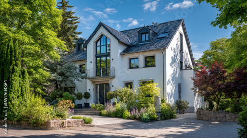 Luxury Single-Family Home in Franconian Architectural Style Surrounded by Trees and Blue Sky – Real Estate Photo from Elevated Angle