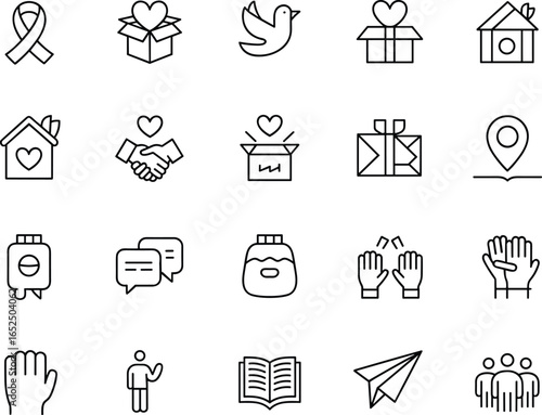 Charity donation icons set with heart, home, gift box, handshake, support, communication, people, love, community, flat vector illustration