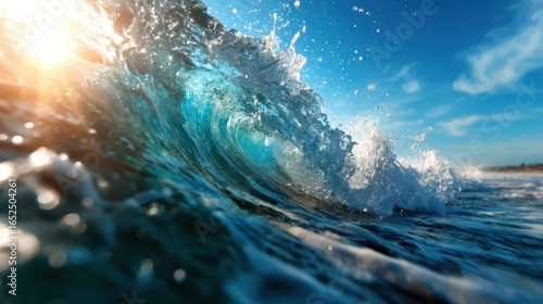 Fototapeta Naklejka Na Ścianę i Meble -  A dynamic ocean wave crashes against the coastal shoreline, capturing the power of nature and the beauty of water in motion under the bright sun.