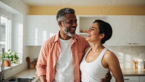 Happy middle aged couple embracing and laughing in a modern kitchen