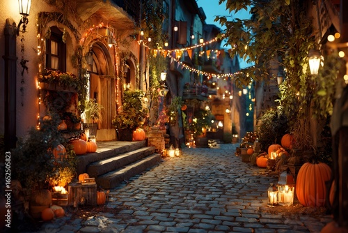 Wallpaper Mural Charming European Street Decorated for Halloween with Pumpkins and Festive Lights

 Torontodigital.ca