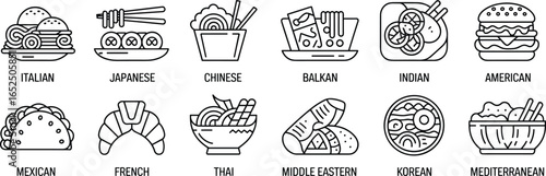 International cuisine food icons collection including Italian, Japanese, Chinese, Indian, Mexican, French, Thai, Mediterranean
