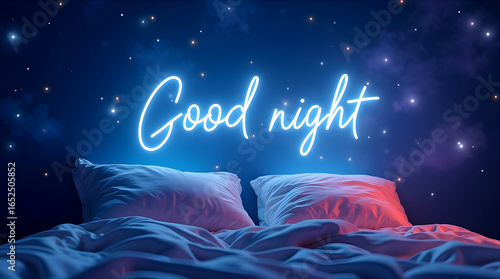 Cozy bed with pillows and blankets under starry night sky with text good night, concept of rest and relaxation