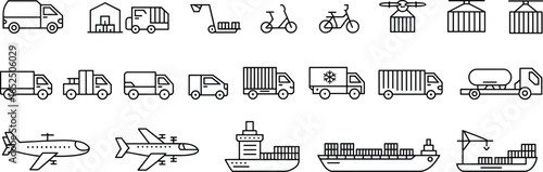 Logistics and transportation icons, cargo delivery, shipping, trucks, airplane, ships, warehouse, supply chain, global trade
