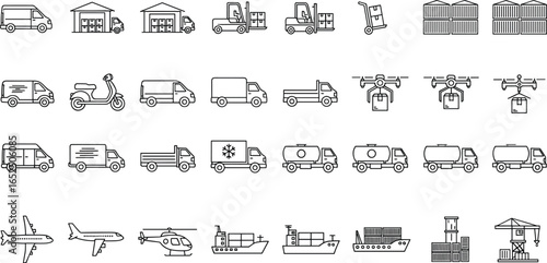 Logistics transport icons, delivery vehicles, cargo shipping, warehouse storage, truck line art, supply chain illustration