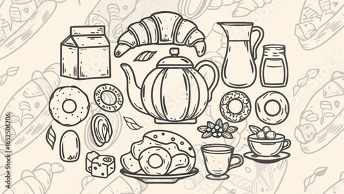 Illustration of a tea set with a teapot, milk jug, donuts, croissant and a cup of tea on a beige background