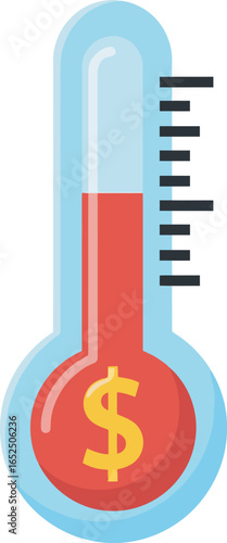 Thermometer with red liquid rising, featuring a dollar sign at the bottom.