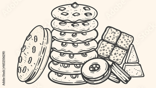 Illustration of a stack of cookies with different toppings and shapes on a light background surface art