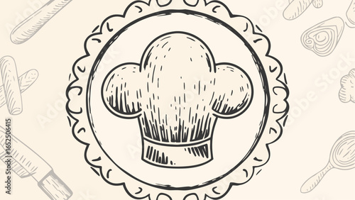 Illustration of a chef's hat inside a decorative circle with kitchen utensils around it in light beige