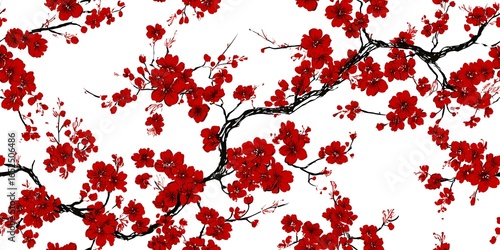 Bright red cherry blossom branches seamless pattern floral design image photo
