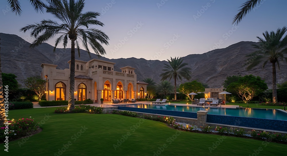 Obraz premium Picturesque mountain retreat surrounded by lush gardens in Dubai
