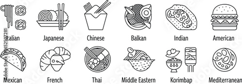 World cuisine icons, Italian, Japanese, Chinese, Balkan, Indian, American, Mexican, French, Thai, Middle Eastern, Mediterranean