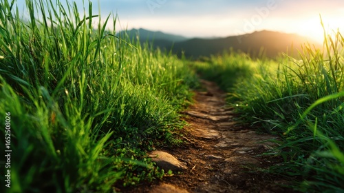 A tranquil pathway framed by vibrant green grass, leading through a serene landscape, illuminated by a warm sunset glow, inviting relaxation and exploration in nature.