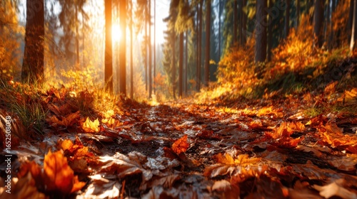 A beautiful autumn landscape featuring a trail covered in vibrant orange and amber leaves, illuminated by soft sunlight, creating a picturesque setting for outdoor adventures.