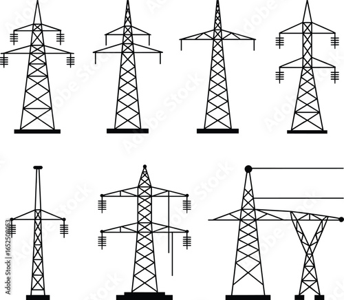 Electricity pylons, high voltage towers, power transmission lines, energy infrastructure, grid network, industrial engineering, utility poles, electricity distribution