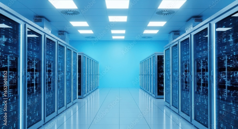 Fototapeta premium Futuristic server room data center with rows of rack and network equipment