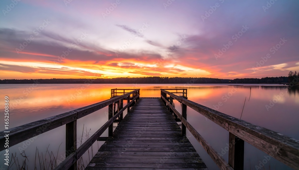 Obraz premium A tranquil sunrise over a lake, with a wooden pier extending into the water