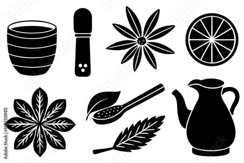 Black and White Herbal Tea Ingredients and Utensils Illustration