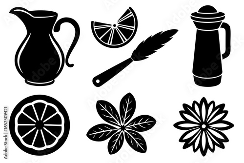 Black and White Vector Illustration of Kitchenware and Natural Elements