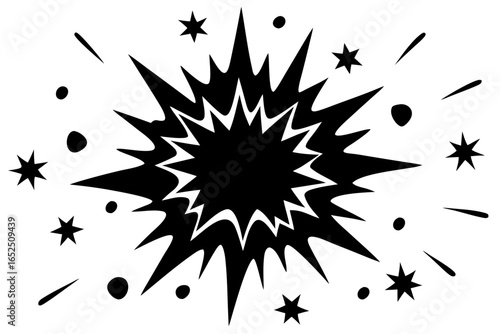 Black and White Explosion with Stars and Splatter Vector Illustration